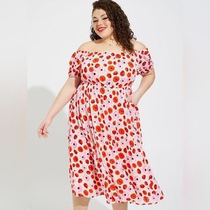 Torrid Retro Chic EUC Midi Off Shoulder Skater Dress Strawberry Daisy Dot 4X